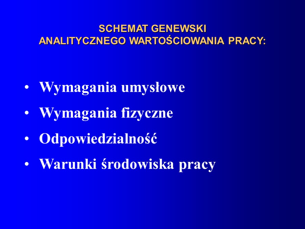 SCHEMAT GENEWSKI ANALITYCZNEGO WARTOŚCIOWANIA PRACY: Wymagania umysłowe Wymagania fizyczne Odpowiedzialność Warunki środowiska pracy